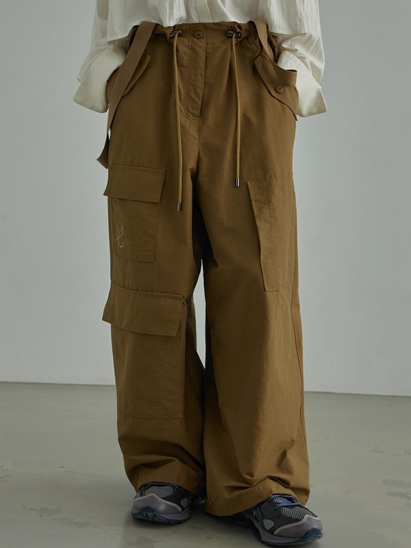 two-way nylon wide cargo pants- Olive brown