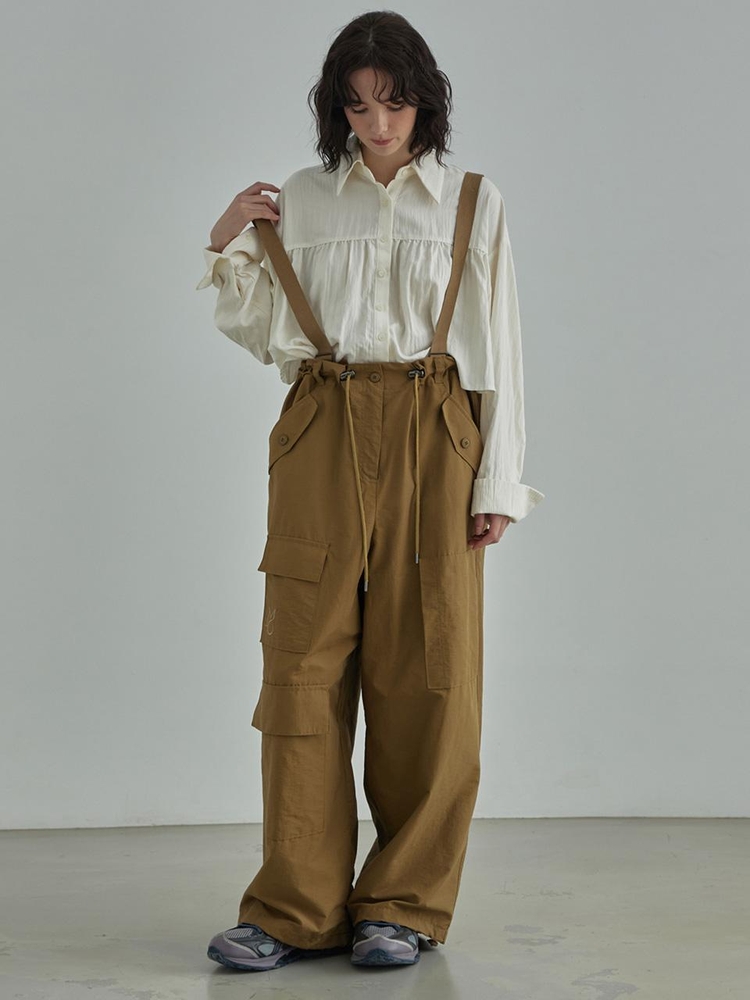 two-way nylon wide cargo pants- Olive brown