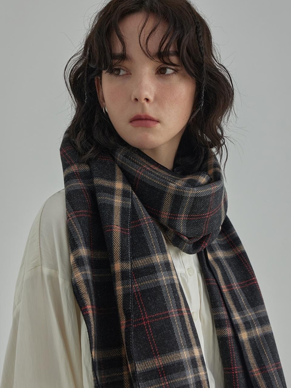 Wide Classic Check wool muffler-Charcoal