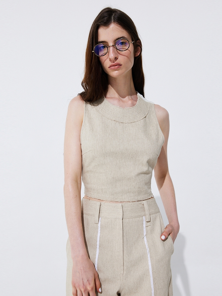 Color-Block Sleeveless Crop Top_Beige