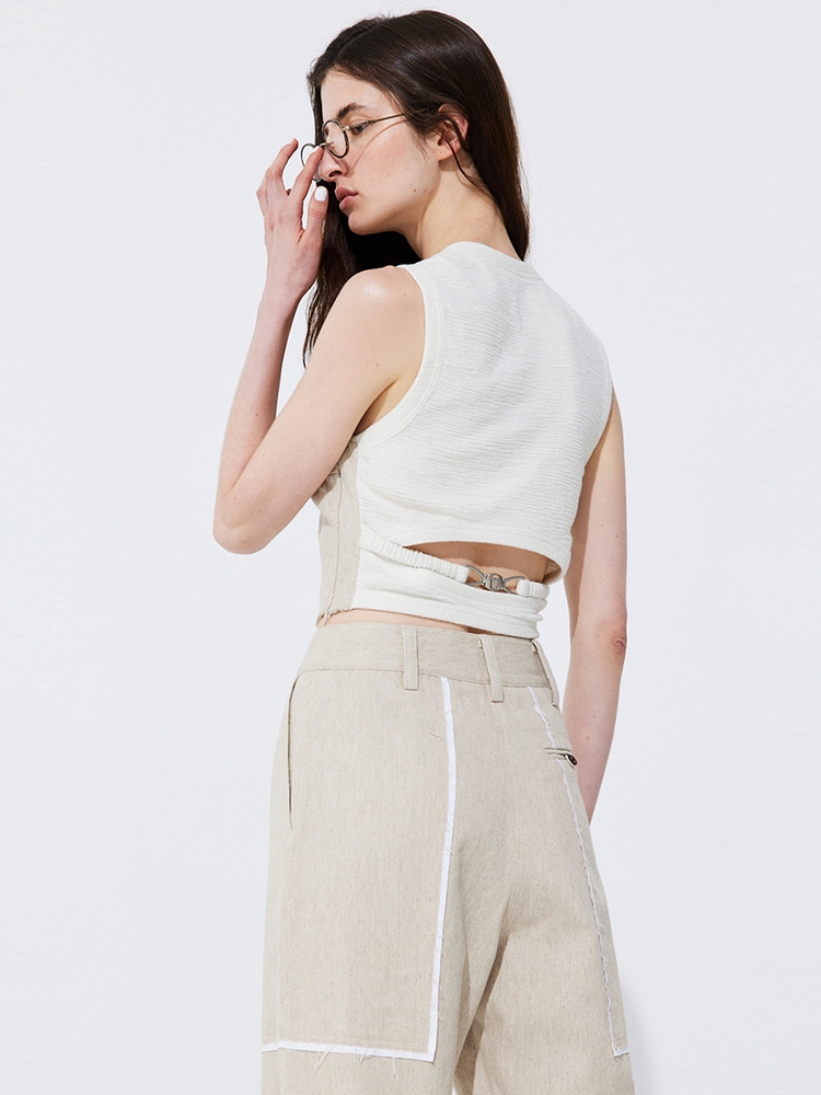 Color-Block Sleeveless Crop Top_Beige