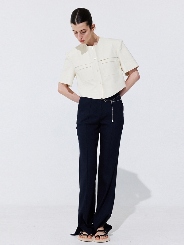 Linen semi-Bootscut Trousers_Navy