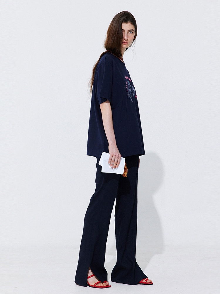 Linen semi-Bootscut Trousers_Navy