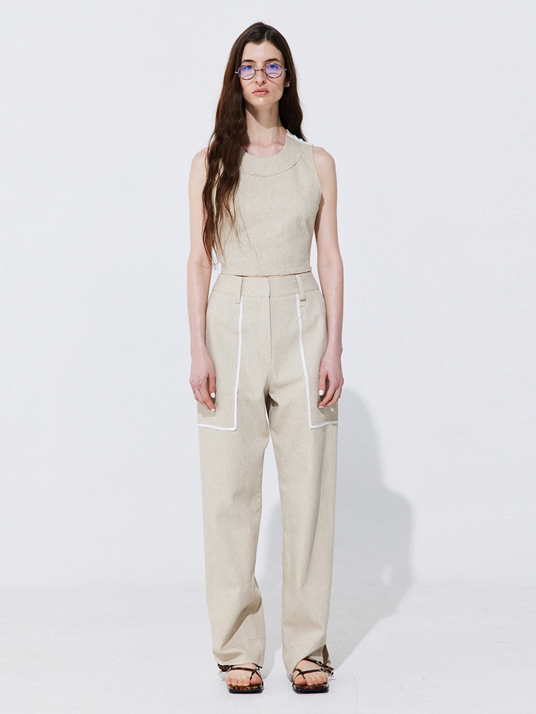 Color-Block Point linen Trousers_Beige