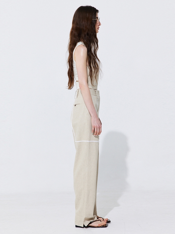 Color-Block Point linen Trousers_Beige