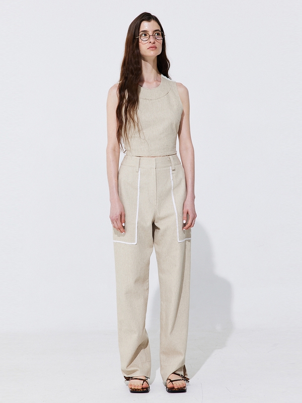 Color-Block Point linen Trousers_Beige