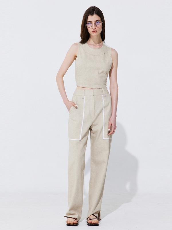 Color-Block Point linen Trousers_Beige