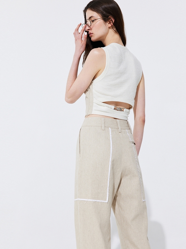 Color-Block Point linen Trousers_Beige