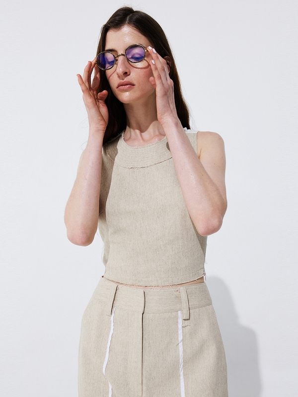 Color-Block Point linen Trousers_Beige