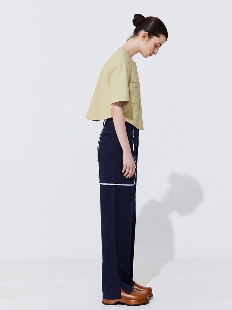 Color-Block Point linen Trousers_Navy