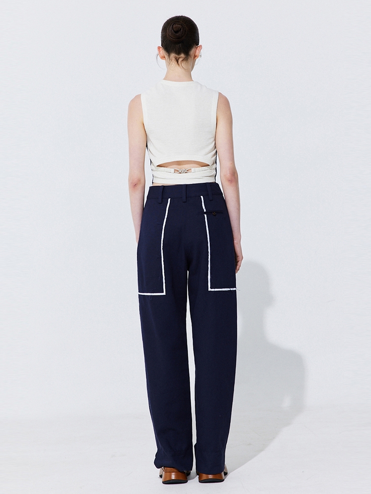 Color-Block Point linen Trousers_Navy