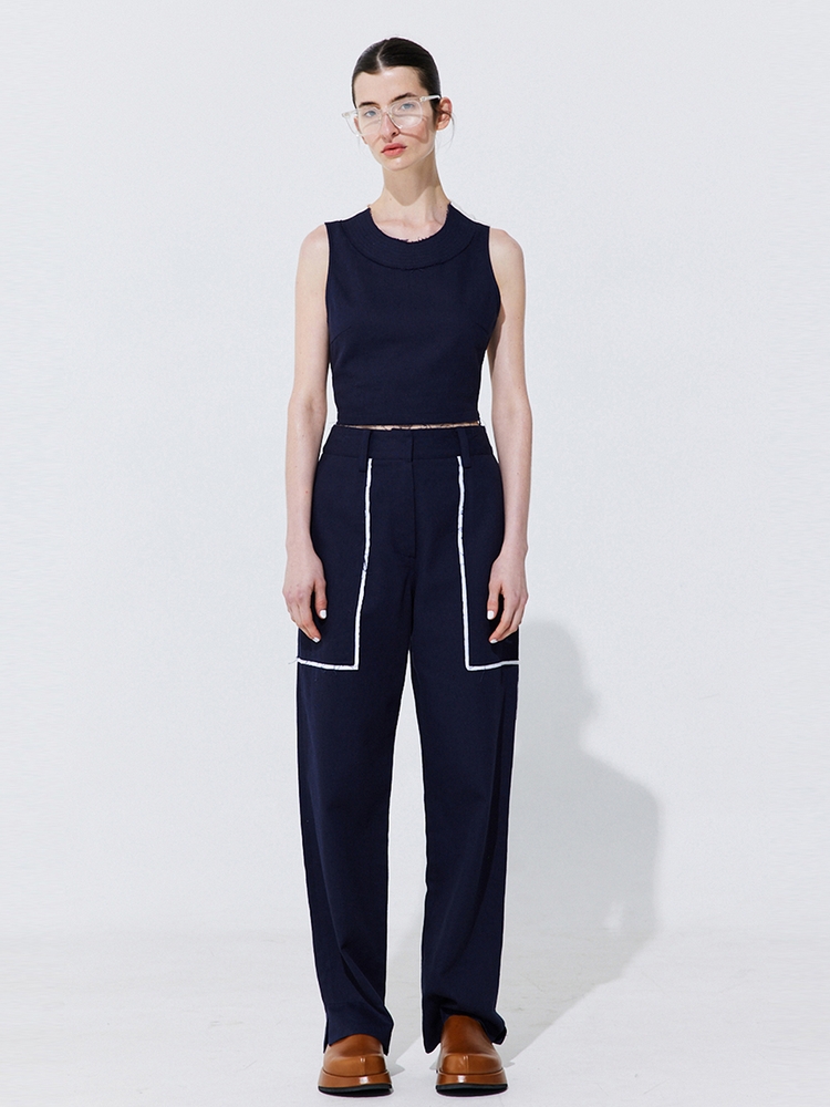 Color-Block Point linen Trousers_Navy