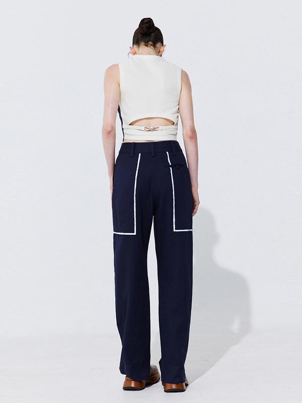 Color-Block Point linen Trousers_Navy