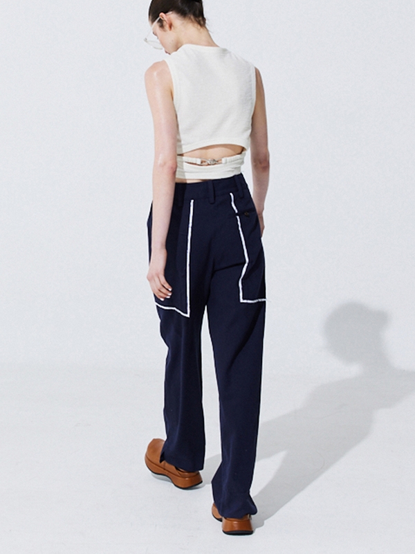 Color-Block Point linen Trousers_Navy