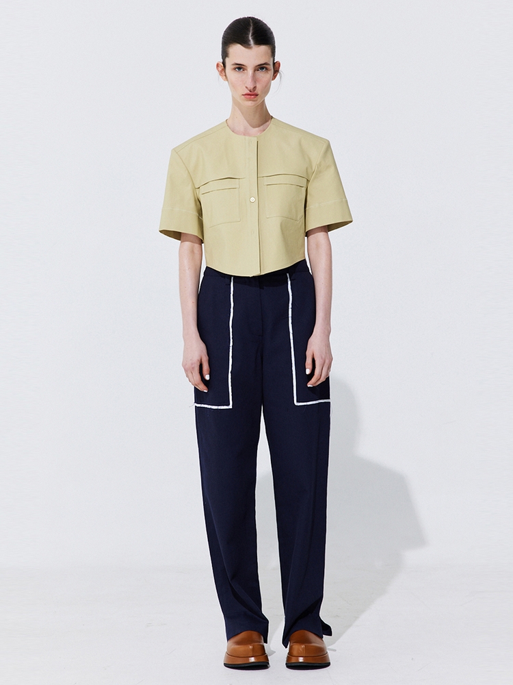 Color-Block Point linen Trousers_Navy