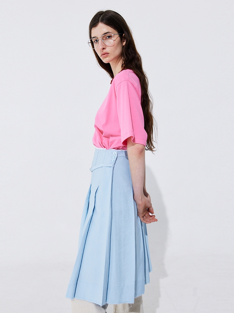 Raw-cut Pleats Skirt_Light Blue