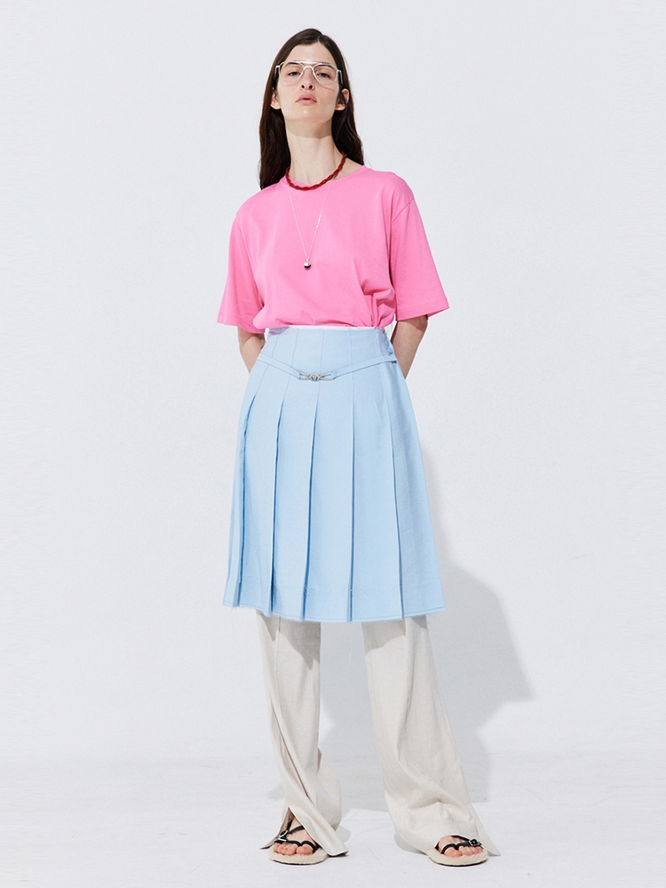 Raw-cut Pleats Skirt_Light Blue