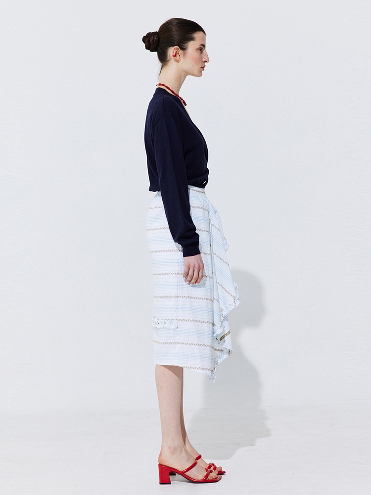 Floral Embroidery Banding Skirt_Light Blue