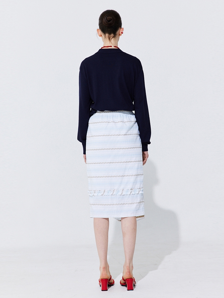 Floral Embroidery Banding Skirt_Light Blue