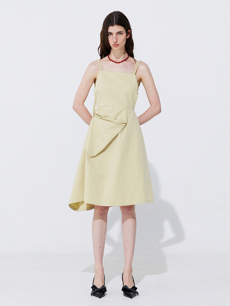 Shirring Back Line Layered Dress_Olive