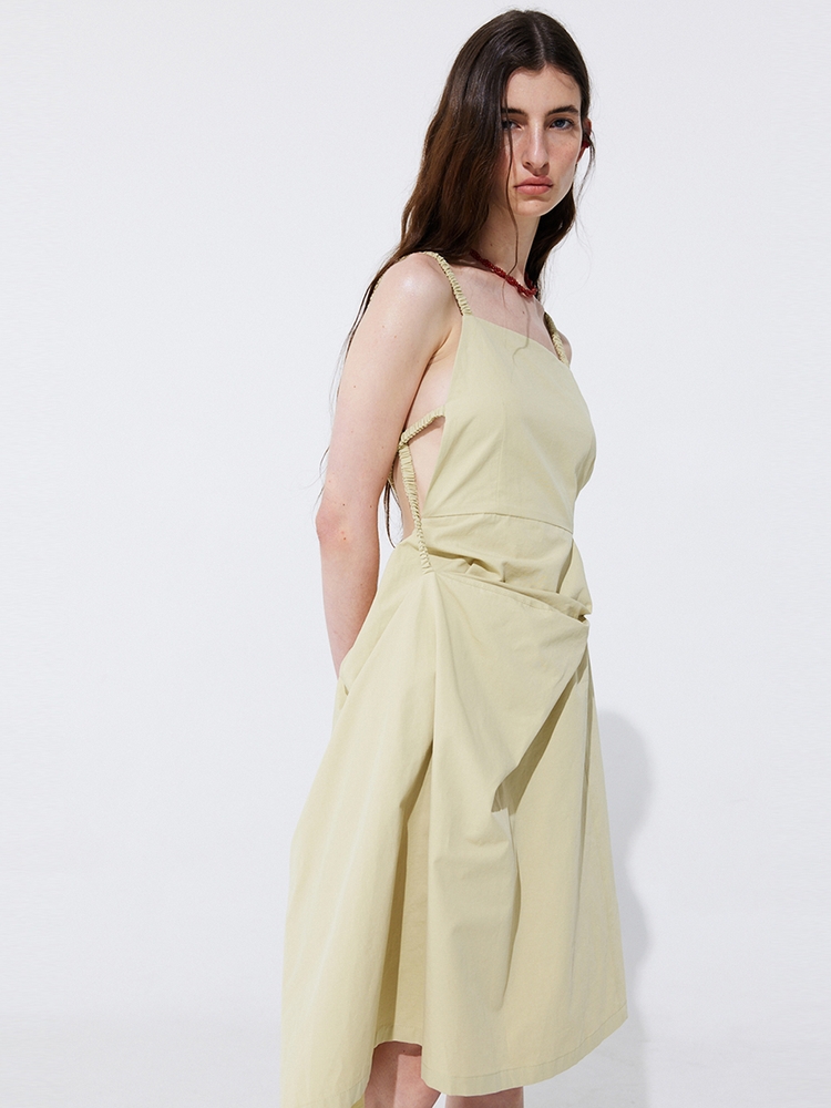 Shirring Back Line Layered Dress_Olive