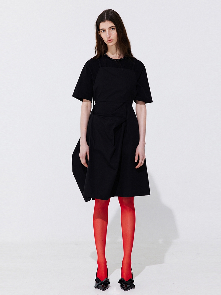 Shirring Back Line Layered Dress_Black