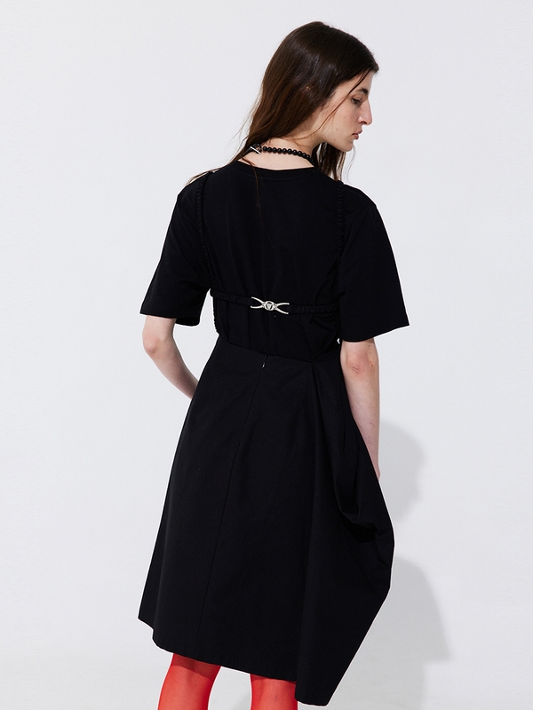 Shirring Back Line Layered Dress_Black