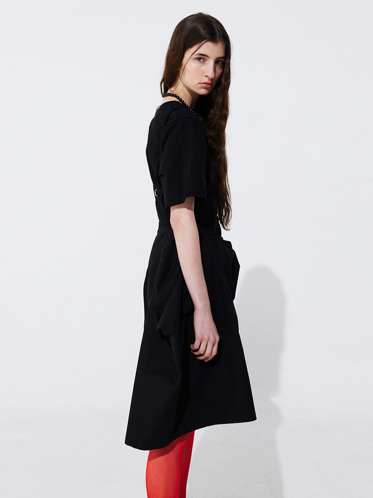 Shirring Back Line Layered Dress_Black