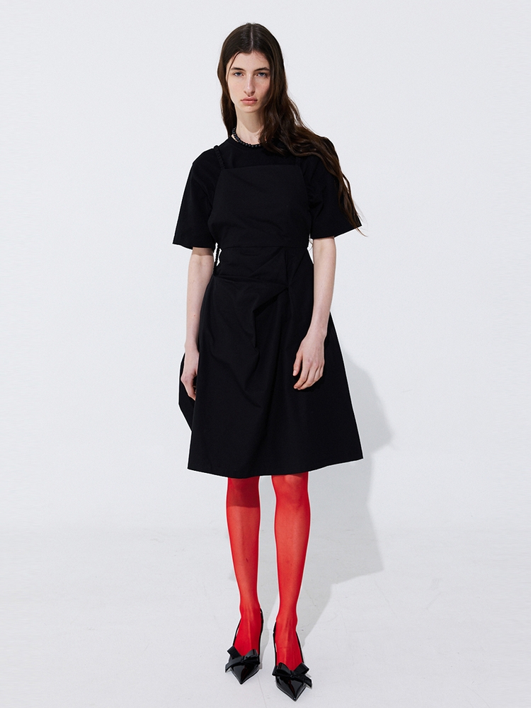 Shirring Back Line Layered Dress_Black