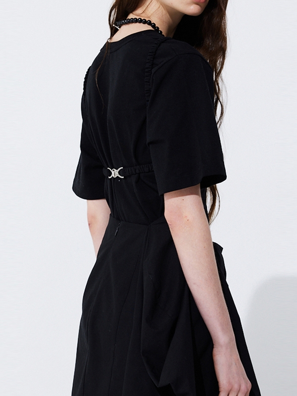 Shirring Back Line Layered Dress_Black