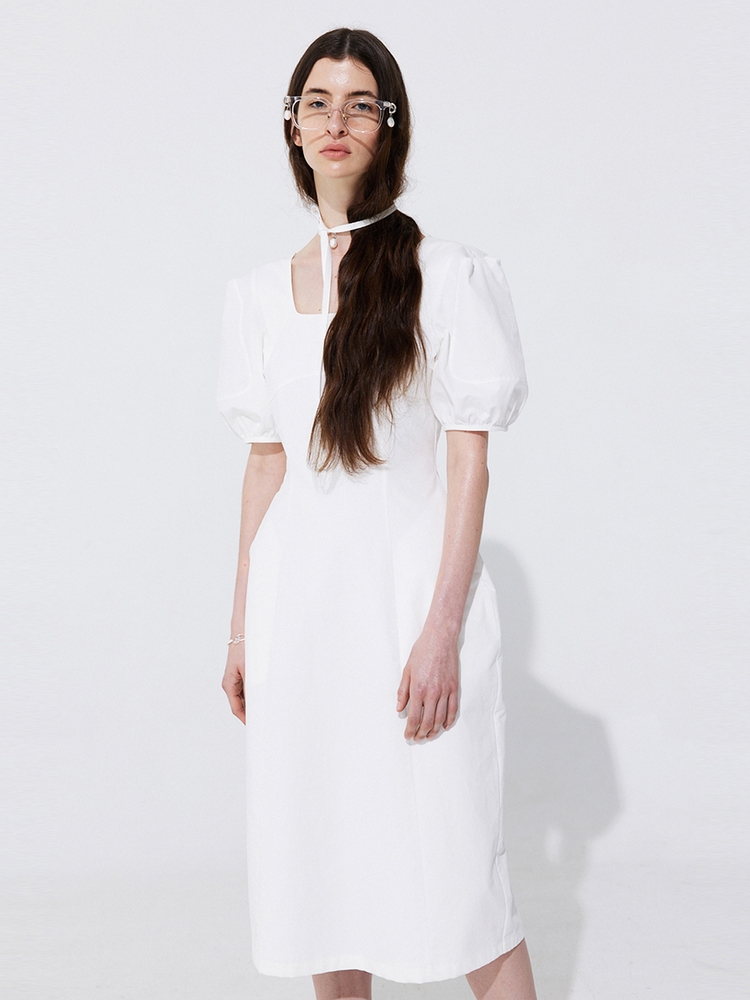 Pearl Balloon Line Dress_White