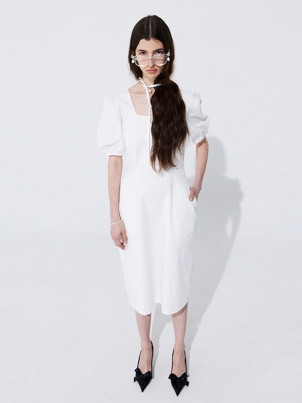 Pearl Balloon Line Dress_White