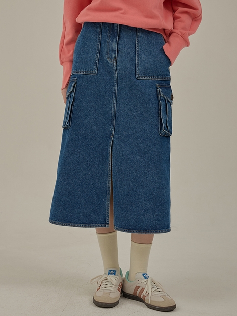 Cargo denim long skirt_Blue