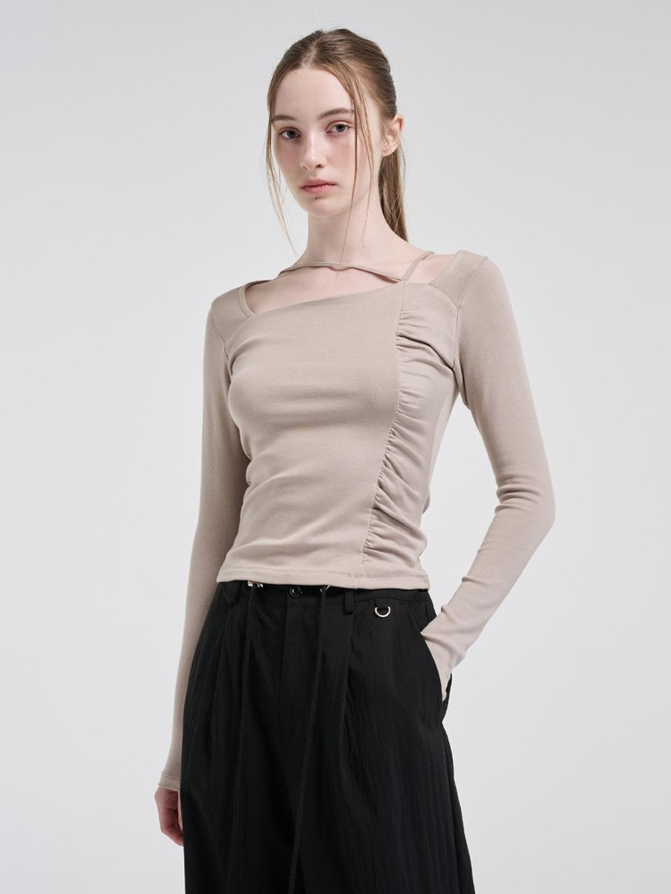 Unbalance Shirring Strap T-Shirt, Beige