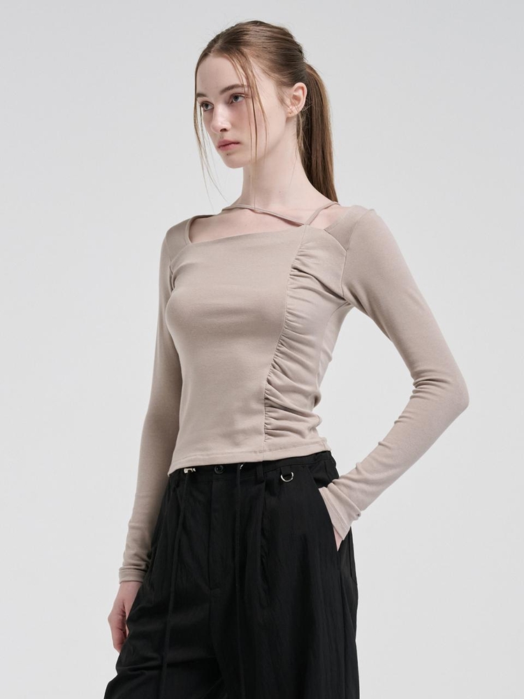 Unbalance Shirring Strap T-Shirt, Beige