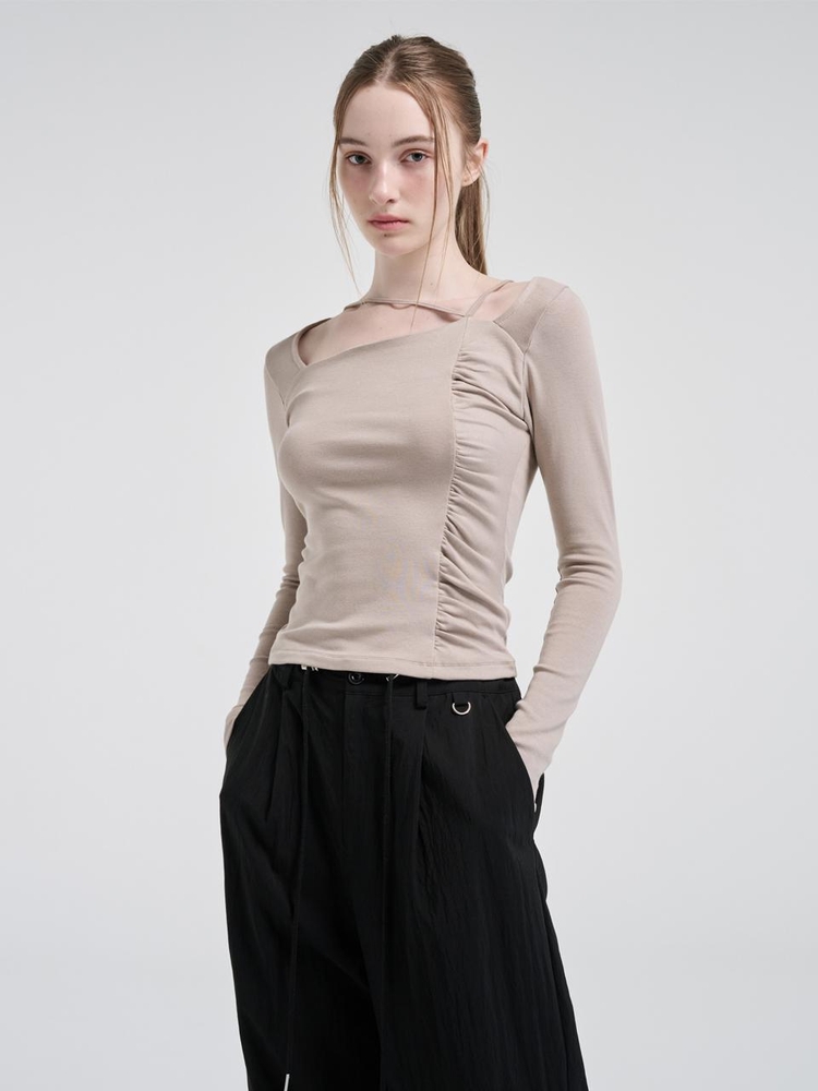 Unbalance Shirring Strap T-Shirt, Beige