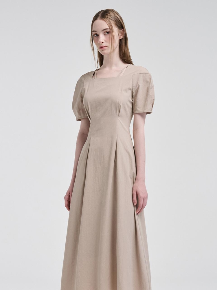 Square Strap Pintuck Dress, Beige