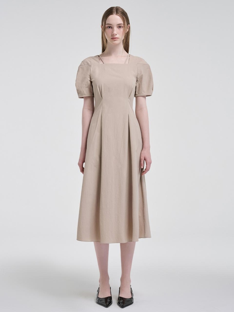 Square Strap Pintuck Dress, Beige