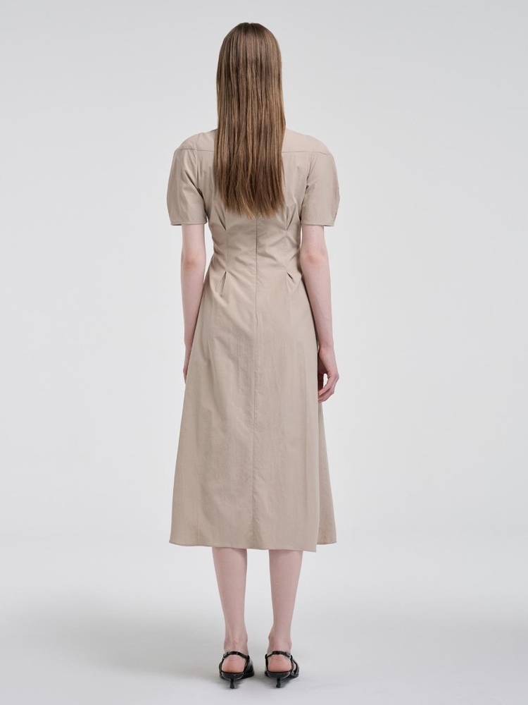 Square Strap Pintuck Dress, Beige