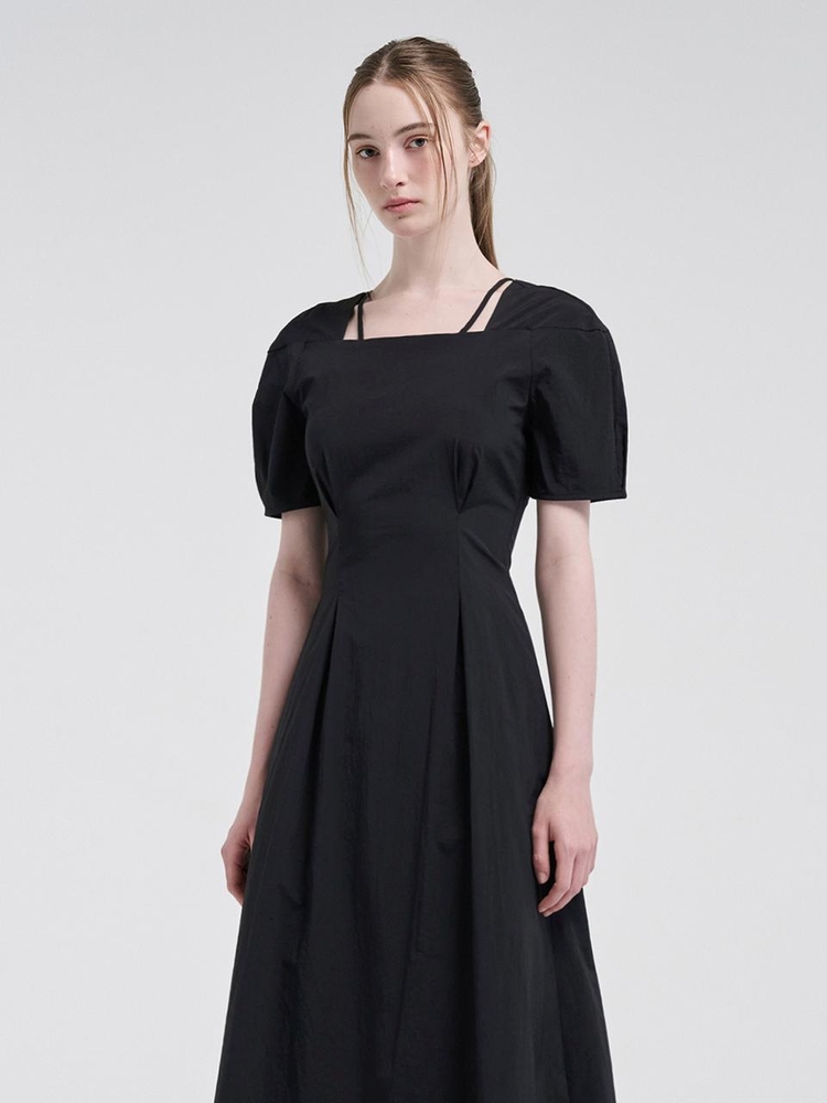 Square Strap Pintuck Dress, Black