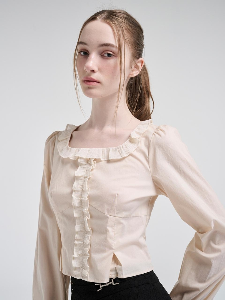 Square Frill Blouse, Light Beige