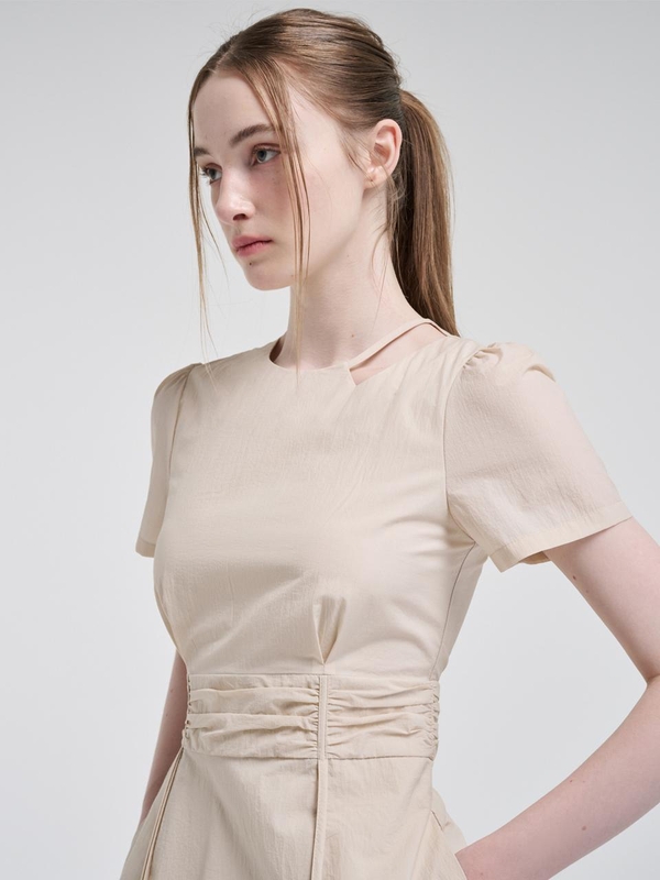 Neck Cut-Out Shirring Dress, Light Beige