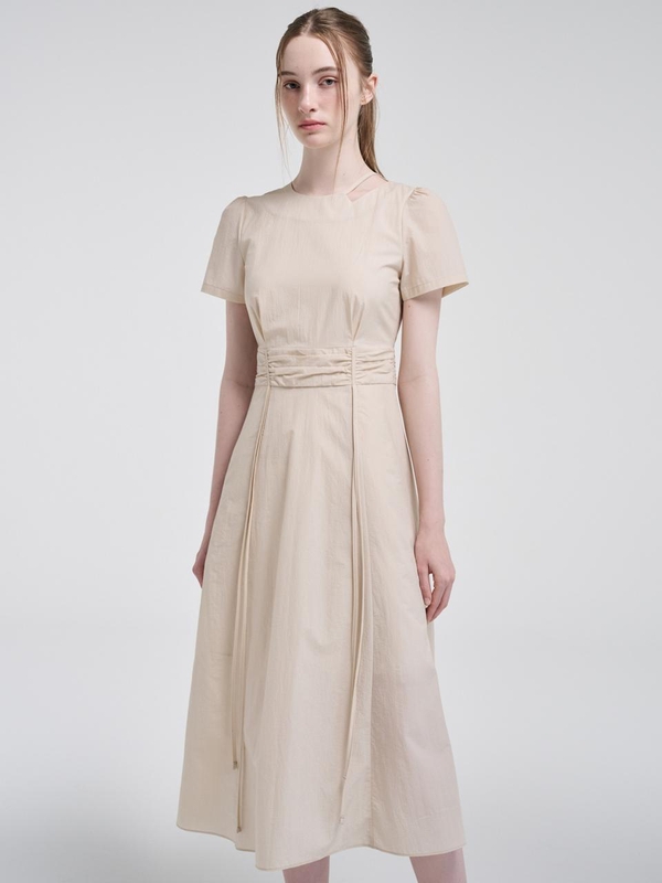 Neck Cut-Out Shirring Dress, Light Beige