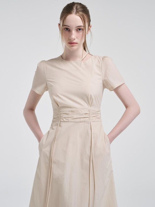 Neck Cut-Out Shirring Dress, Light Beige