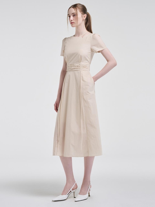 Neck Cut-Out Shirring Dress, Light Beige