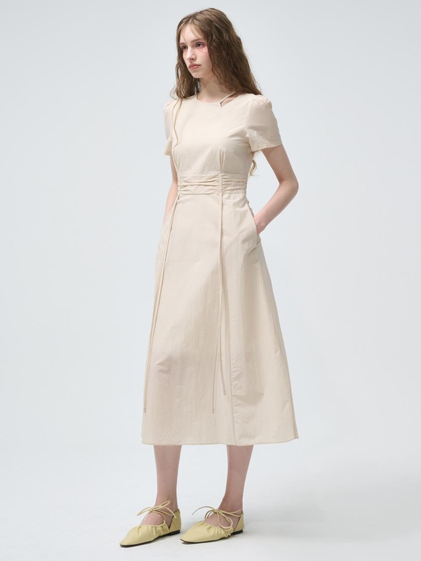 Neck Cut-Out Shirring Dress, Light Beige