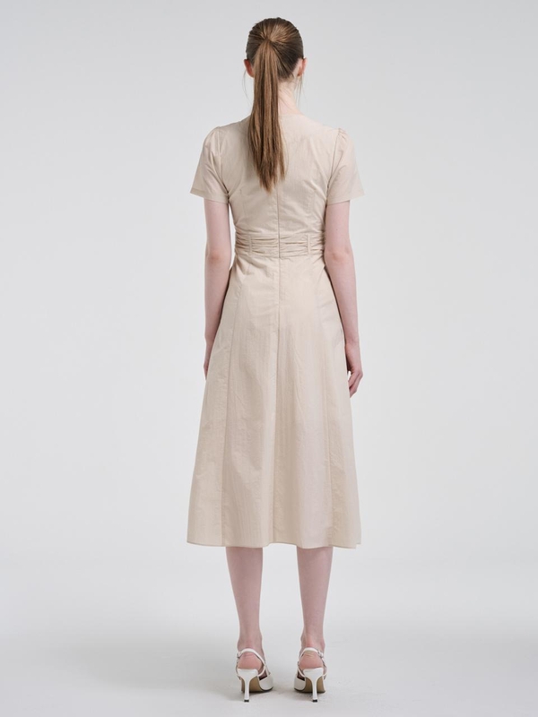 Neck Cut-Out Shirring Dress, Light Beige