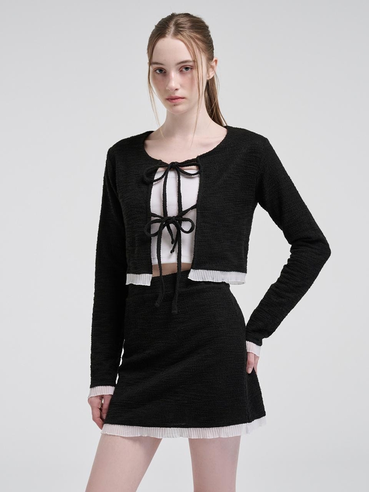 Frill Tweed Cardigan, Black