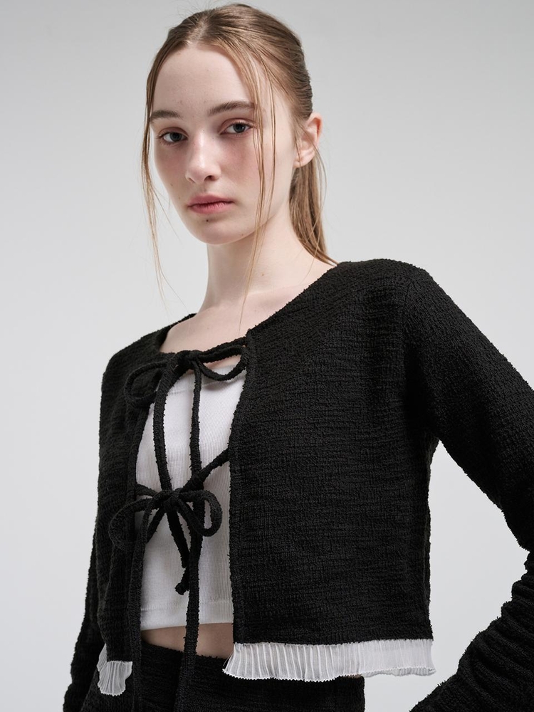 Frill Tweed Cardigan, Black