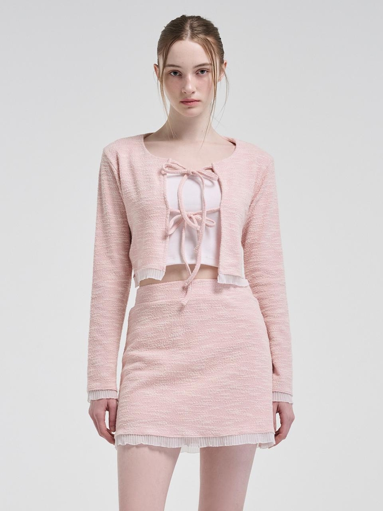 Frill Tweed Cardigan, Pink